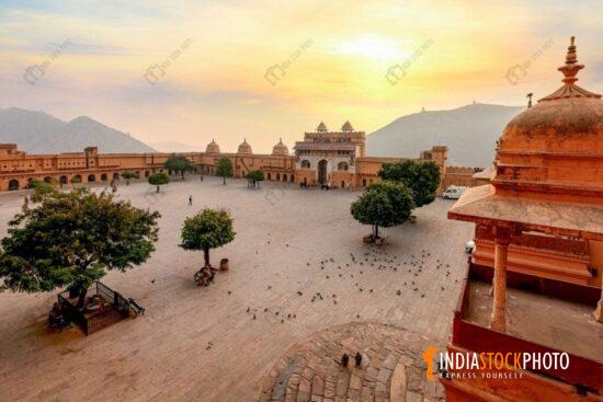 Amer Fort Jaipur courtyard aerial view at sunrise