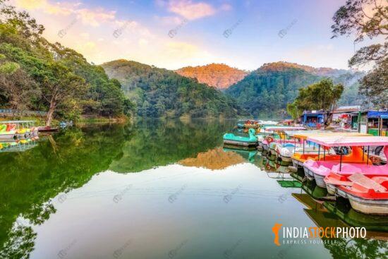 Sattal lake at sunset with scenic landscape at Nainital Uttarakhand