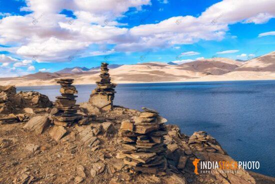 Tso Moriri lake at Ladakh with view of sacred stones