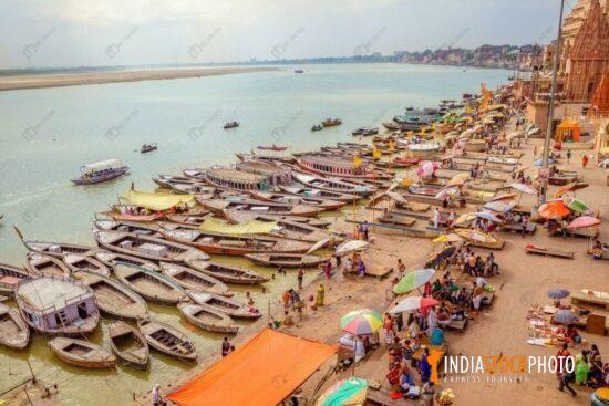 Aerial view of Varanasi Ganges riverbank with wooden boats
