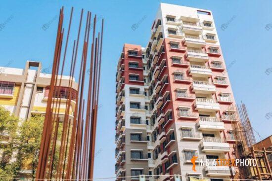 City residential buildings with construction steel rods