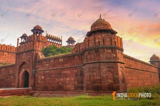 Historic Red Fort Delhi exterior architecture at sunset