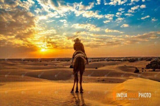 Female tourist on camel safari at the Thar desert Jaisalmer Rajasthan