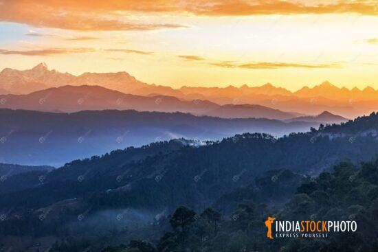 Himalayan mountain range snow peaks with valley at sunrise at Kausani Uttarakhand