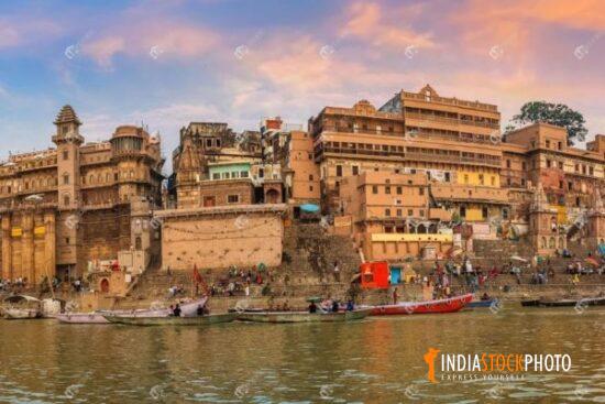 Varanasi city architecture panoramic view at sunset as seen from a boat