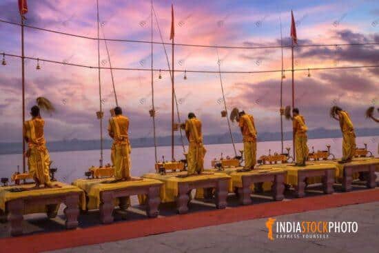 Varanasi Ganga aarti ritual ceremony at dawn at Assi Ghat