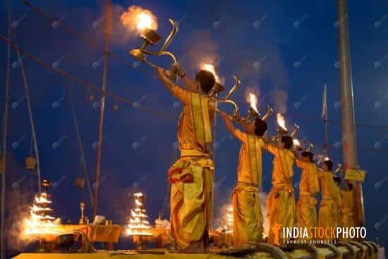 Varanasi Ganga aarti ritual ceremony at Assi ghat at dawn