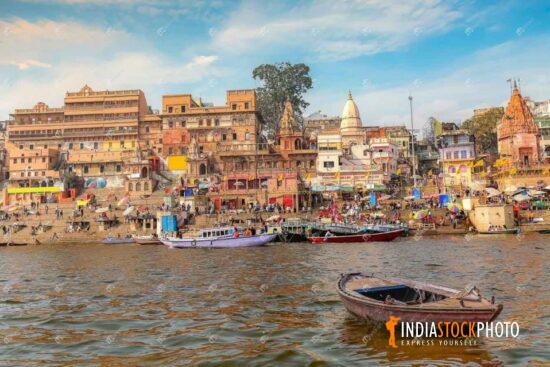 Historic Varanasi city as viewed from a boat on river Ganges