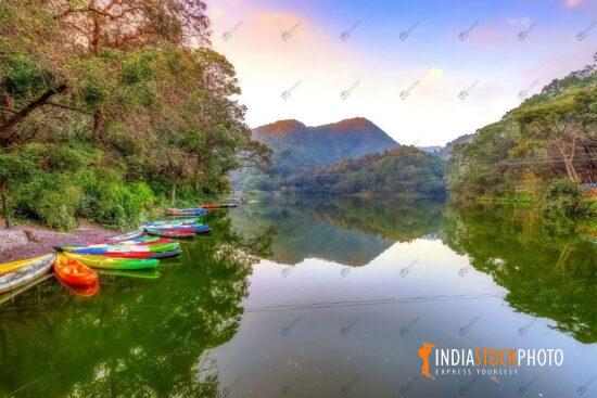 Sattal lake Nainital with scenic mountain landscape at sunset