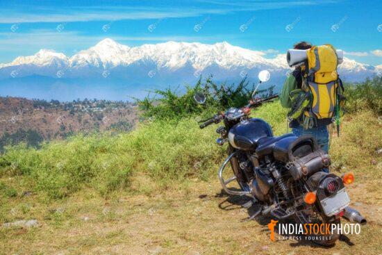 Tourist biker enjoy the Garhwal Himalaya range at Uttarakhand