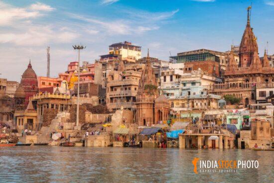 Varanasi historic city architecture as seen from a boat on river Ganges