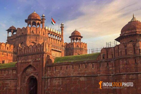 Historic Red Fort Delhi monument at sunset