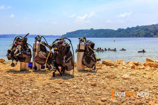 Scuba diving gear at North Bay island sea beach Andaman