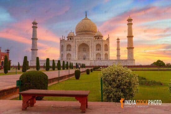 Taj Mahal Agra at sunrise with adjoining garden