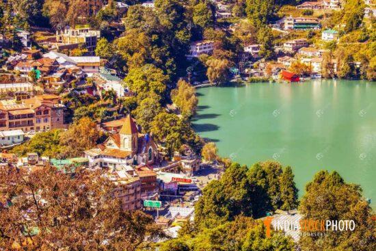 Nainital city aerial view with famous Naini lake at Uttarakhand