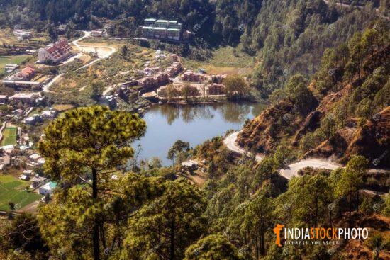Aerial view of mountain lake with houses at Munsiyari Uttarakhand