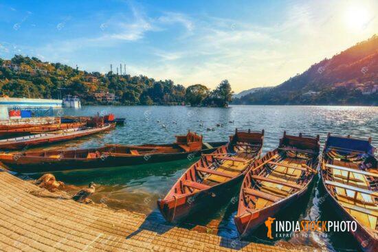 Bhimtal lake with tourist boats at Nainital Uttarakhand