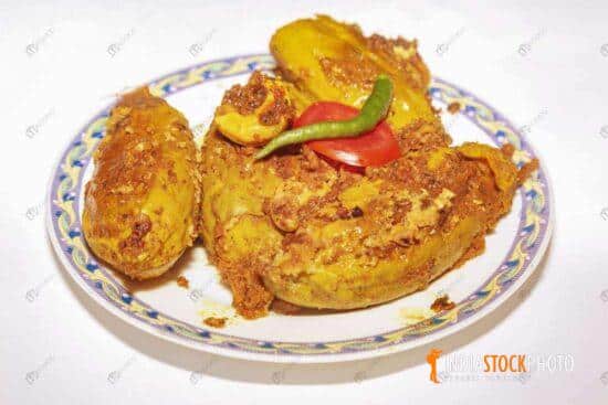 Indian spicy food made from pointed gourd stuffed with fish