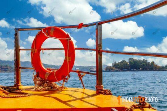 Life buoy with steel railings of a tourist boat at Andaman sea