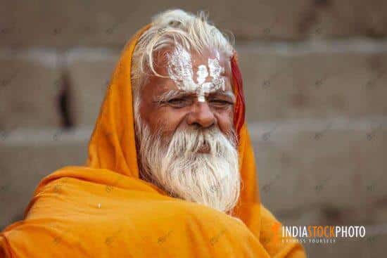 Hindu sadhu baba in close up portrait view at Varanasi