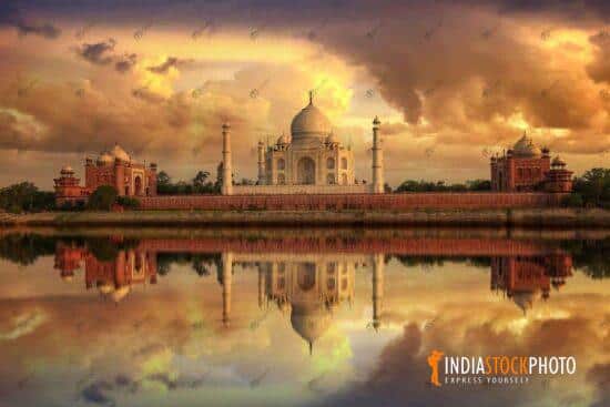 Taj Mahal Agra on the banks of river Yamuna at sunset
