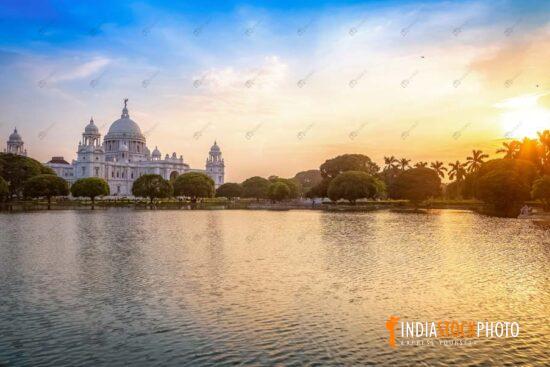 Victoria Memorial Kolkata historic monument with lake at sunset