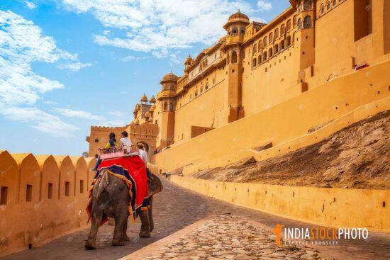 Amber Fort Jaipur Rajasthan with tourist on elephant ride