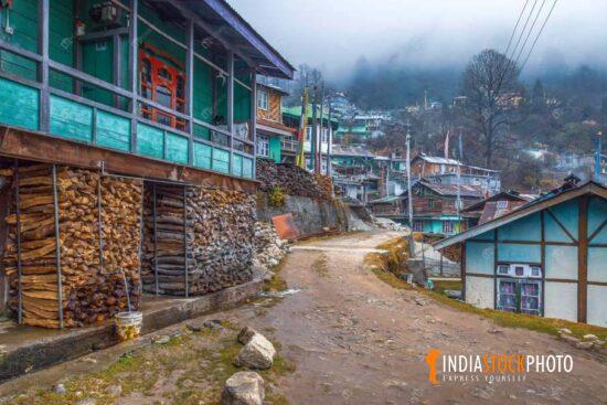 Rural mountain village of Lachen at North Sikkim with wooden houses