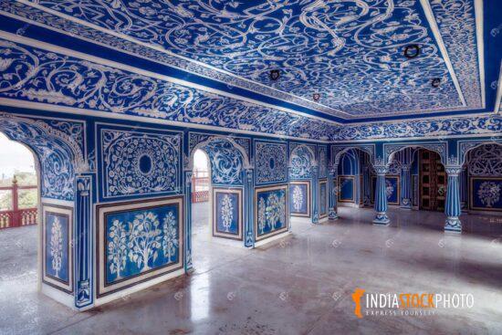 City Palace Jaipur Sukh Niwas blue room ancient wall artwork at Rajasthan