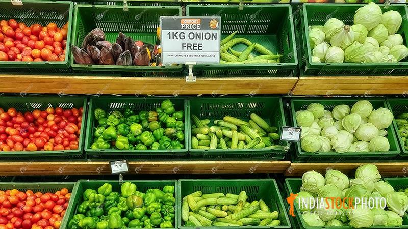 Fresh vegetables on sale at Spencer retail store at shopping mall