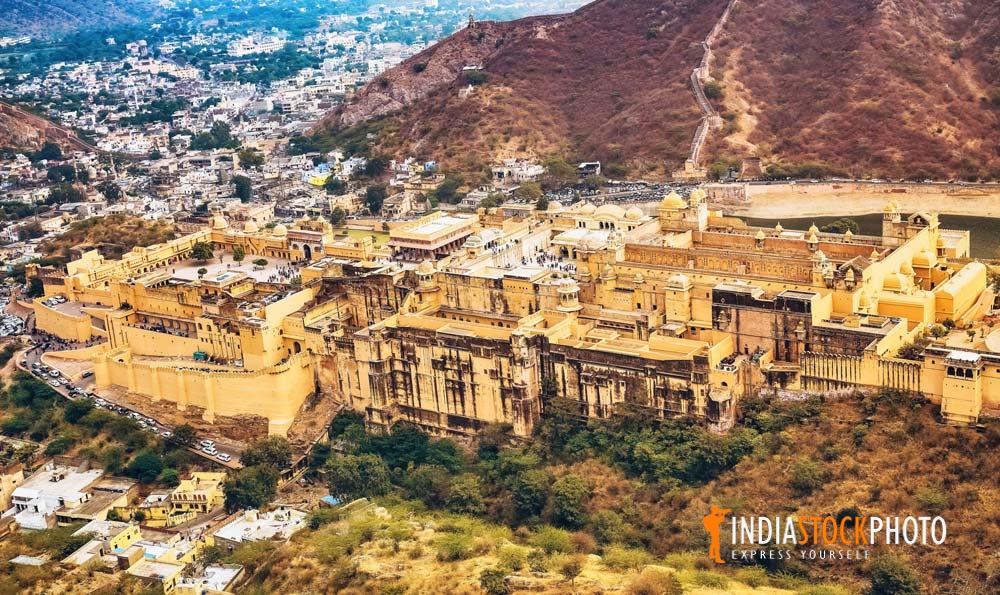 Aerial view of Amber Fort at Jaipur as seen from Jaigarh Fort in Rajasthan