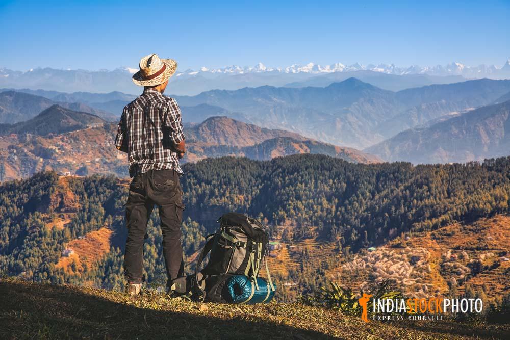 Tourist backpacker enjoy view of Himalaya mountain landscape at Himachal Pradesh